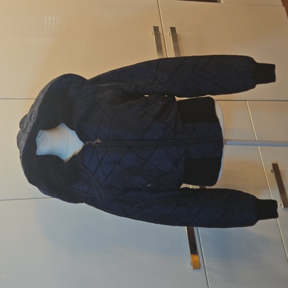 VTG Y2K Baby Phat Quilted Faux Fur Hoodie Bomber Jacket Blue Black Sz Large - Picture 10 of 16